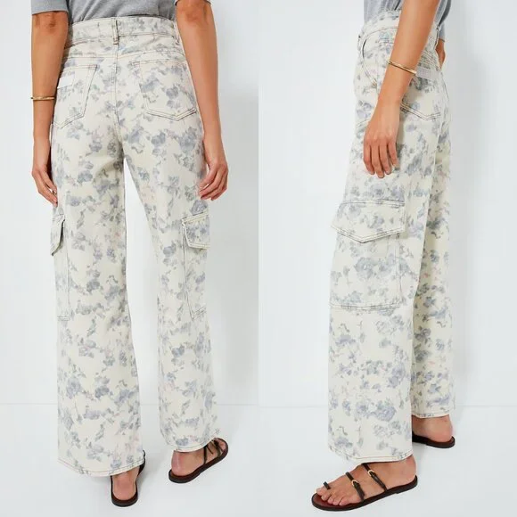Ganni NEW Tofu Print Denim Angie Ivory Floral Wide Leg Cargo Denim Pant Size 30 - Picture 3 of 10